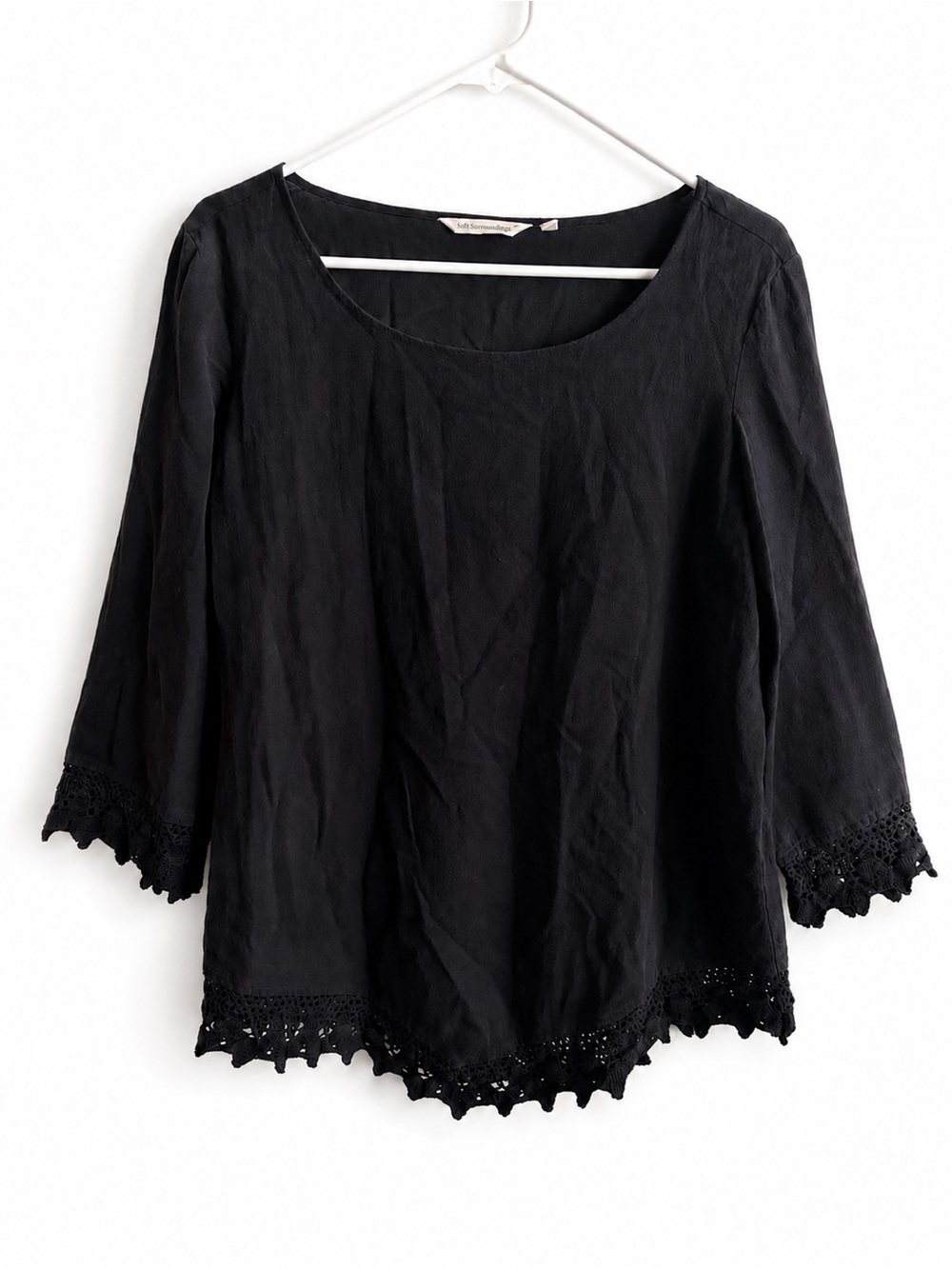 Soft Surroundings Crochet Lace Trim Top Cotton Blouse Black Size M